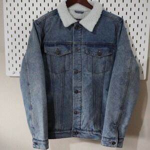 Brooklyn Cloth Denim Trucker Jacket Small Blue Sherpa Lined‎ Collar Winter Jean